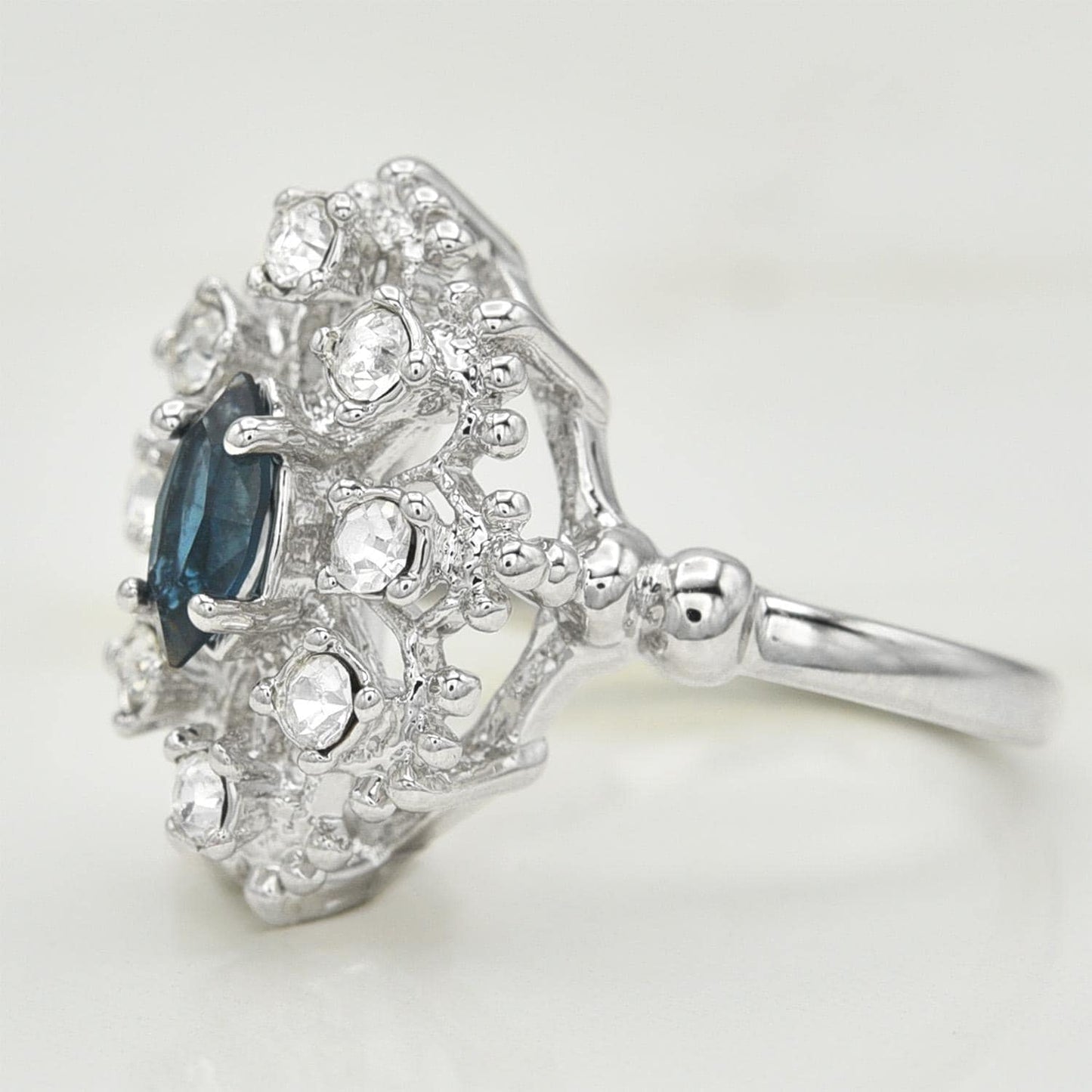 Vintage Style Marquise Cut Sapphire Blue Crystal Cocktail Ring with Clear Crystals - 18k White Gold Electroplated jewelry image 1