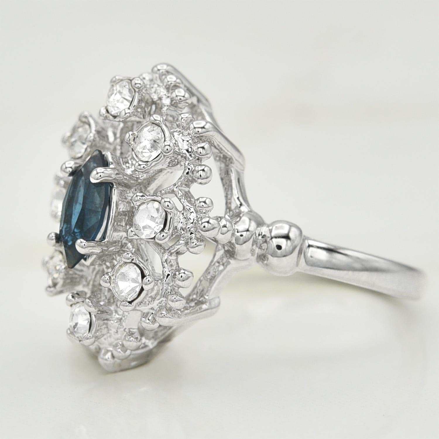 Vintage Style Marquise Cut Sapphire Blue Crystal Cocktail Ring with Clear Crystals - 18k White Gold Electroplated jewelry image 1
