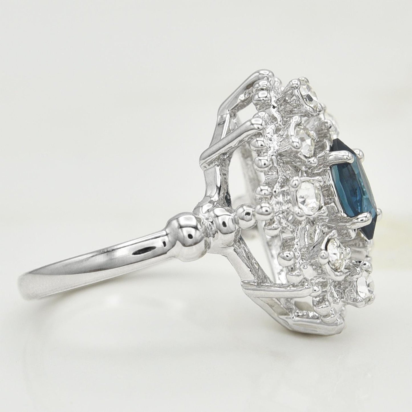 Vintage Style Marquise Cut Sapphire Blue Crystal Cocktail Ring with Clear Crystals - 18k White Gold Electroplated jewelry image 1
