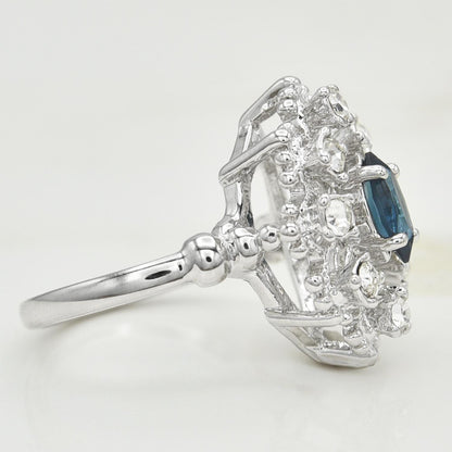 Vintage Style Marquise Cut Sapphire Blue Crystal Cocktail Ring with Clear Crystals - 18k White Gold Electroplated jewelry image 1