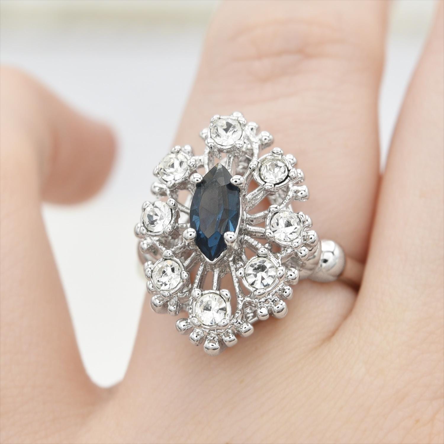 Vintage Style Marquise Cut Sapphire Blue Crystal Cocktail Ring with Clear Crystals - 18k White Gold Electroplated jewelry image 1