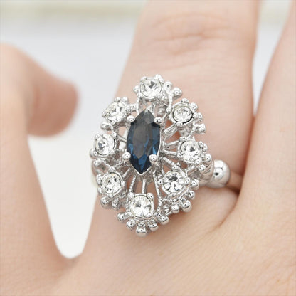 Vintage Style Marquise Cut Sapphire Blue Crystal Cocktail Ring with Clear Crystals - 18k White Gold Electroplated jewelry image 1