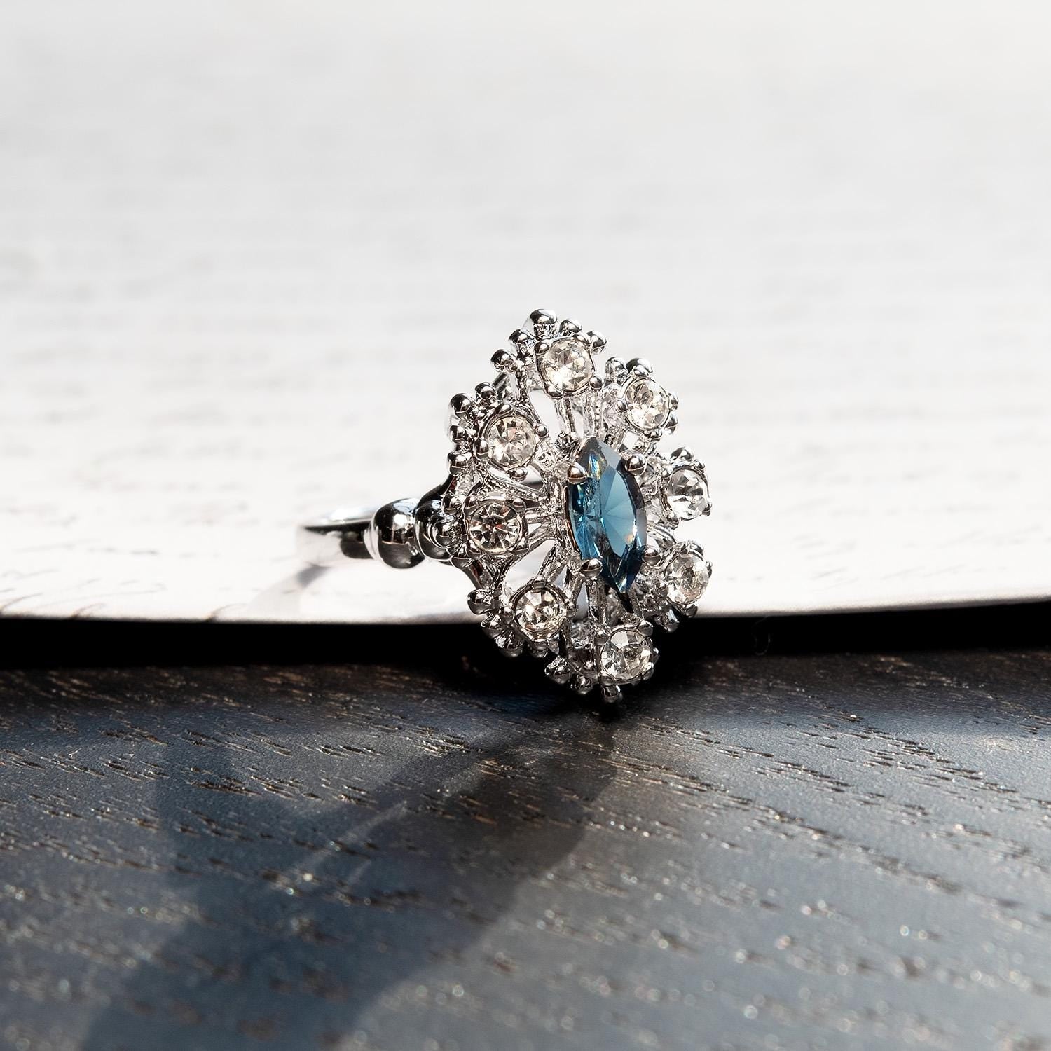 Vintage Style Marquise Cut Sapphire Blue Crystal Cocktail Ring with Clear Crystals - 18k White Gold Electroplated jewelry image 1