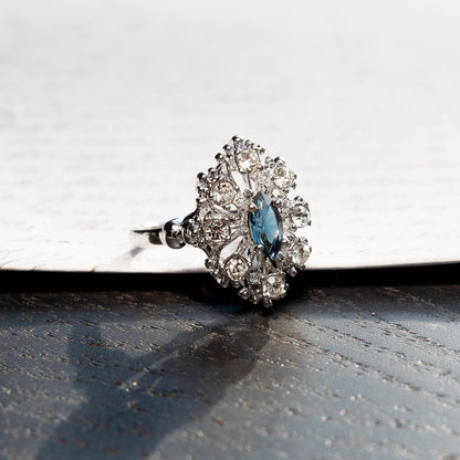 Vintage Style Marquise Cut Sapphire Blue Crystal Cocktail Ring with Clear Crystals - 18k White Gold Electroplated jewelry image 1