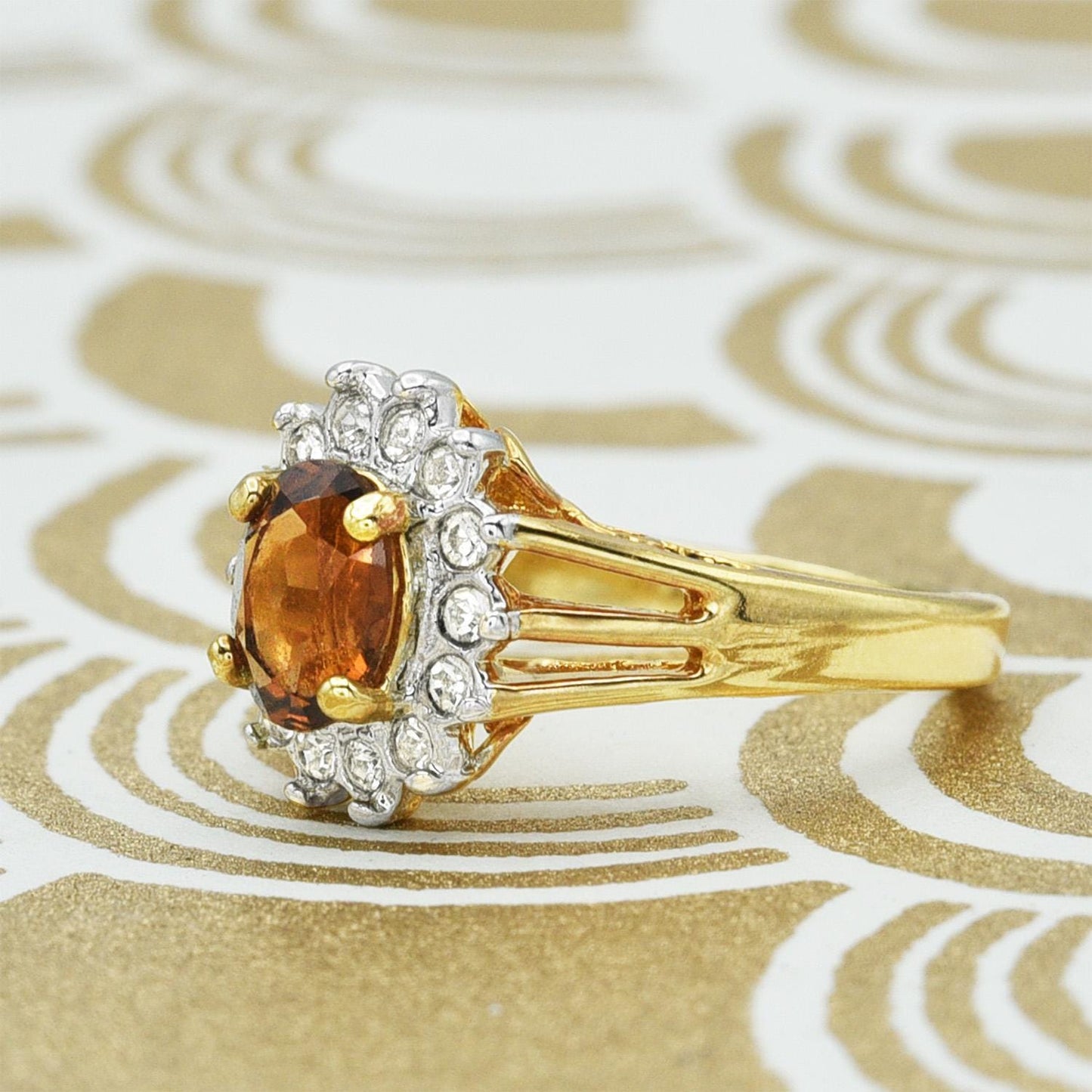 Vintage Smoky Topaz CZ and Clear Austrian Crystal Halo Ring – 18kt Yellow Gold Electroplated jewelry image 1