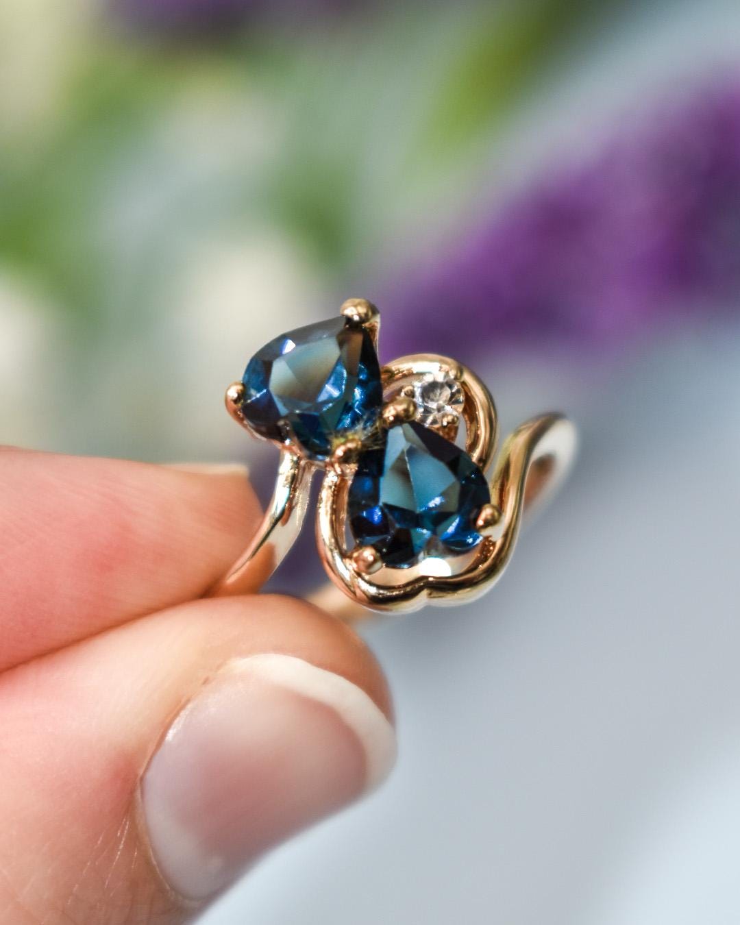 Vintage Double Heart Sapphire Blue Austrian Crystal Ring - 18k Gold Electroplated jewelry image 1