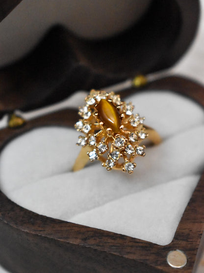 Vintage Genuine Tiger Eye Ring with Clear Austrian Crystals – 18kt Yellow Gold Electroplated jewelry image 1