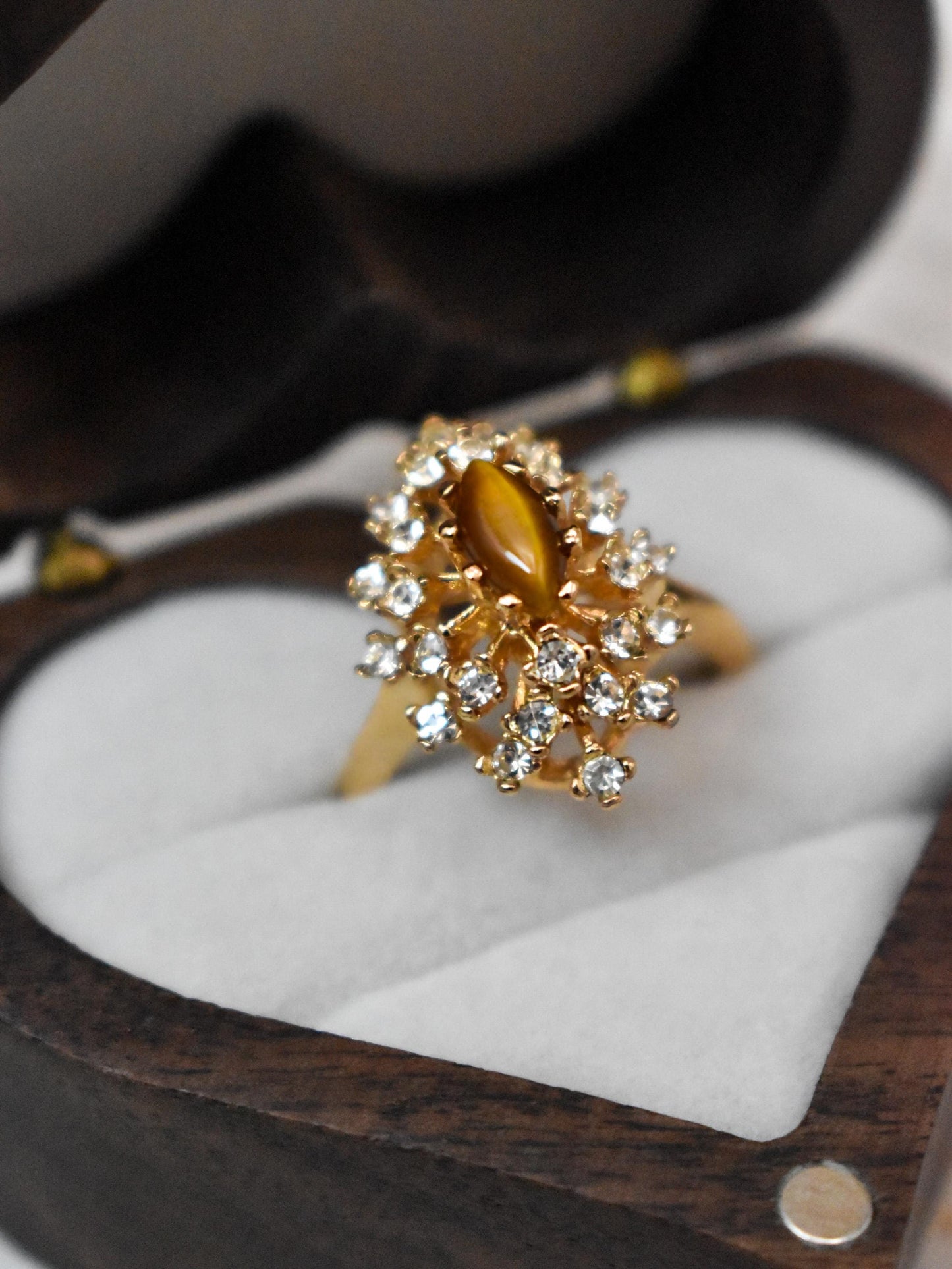 Vintage Genuine Tiger Eye and Clear Austrian Crystal Cocktail Ring 18kt Yellow Gold Electroplated jewelry image 1