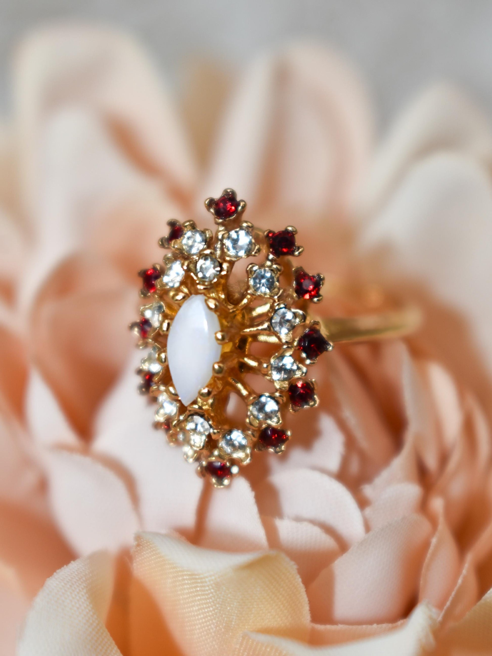 Vintage Genuine Opal Ring with Clear and Ruby Red Austrian Crystals – 18kt Yellow Gold Electroplated jewelry image 1