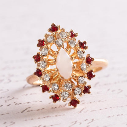 Vintage Genuine Opal Ring with Clear and Ruby Red Austrian Crystals – 18kt Yellow Gold Electroplated jewelry image 1