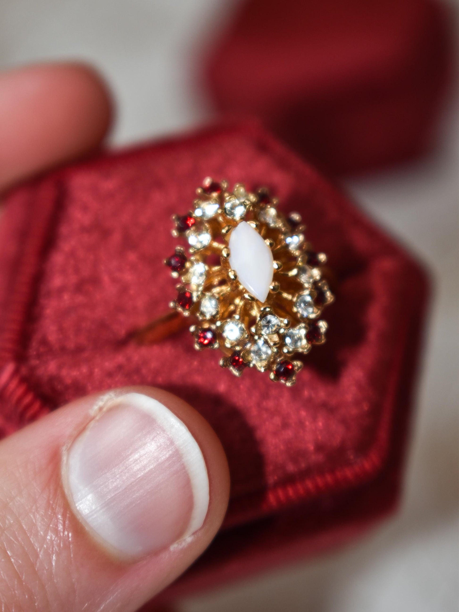 Vintage Genuine Opal Ring with Clear and Ruby Red Austrian Crystals – 18kt Yellow Gold Electroplated jewelry image 1