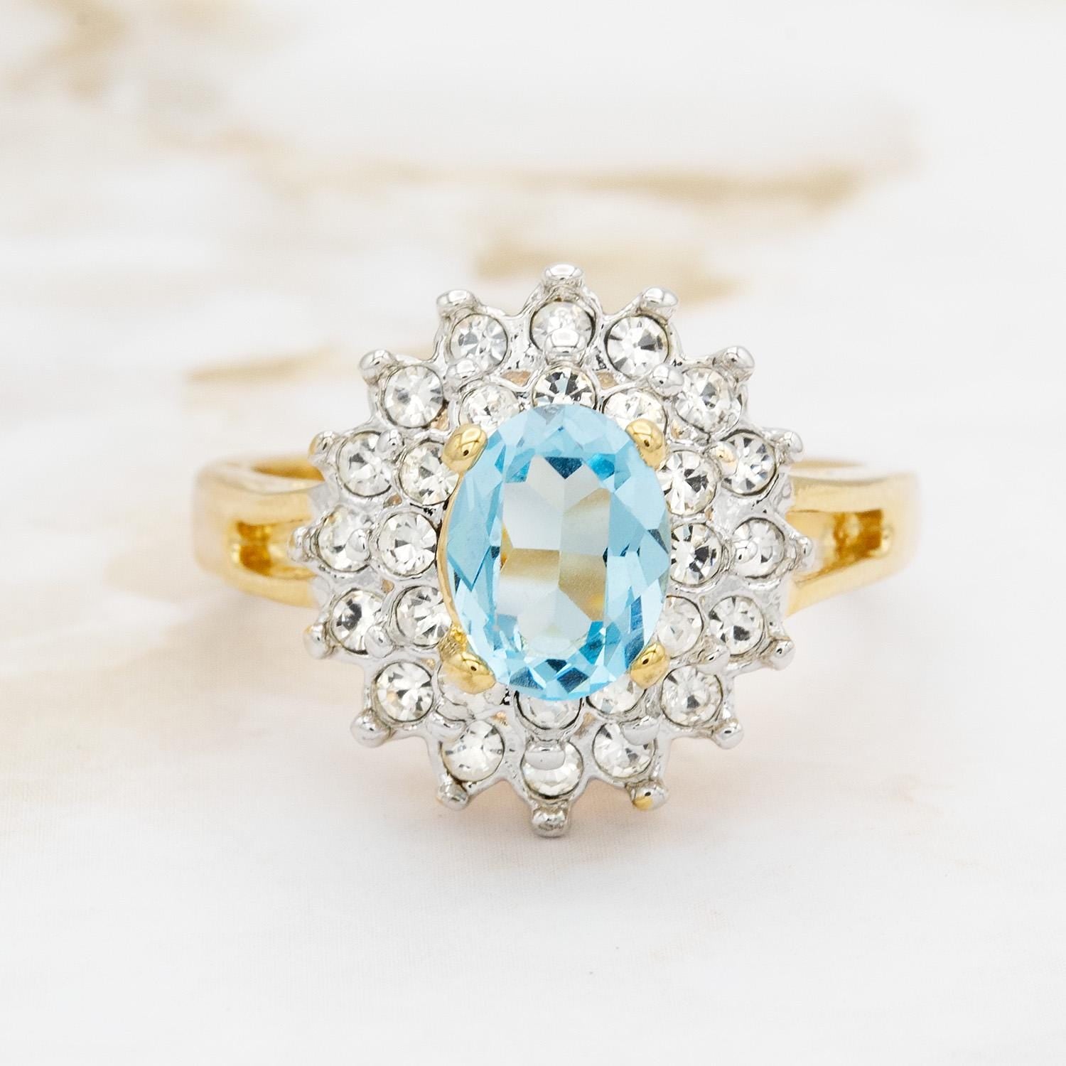 Vintage Aquamarine and Clear Austrian Crystal Halo Ring in 18kt Yellow Gold Electroplate jewelry image 1