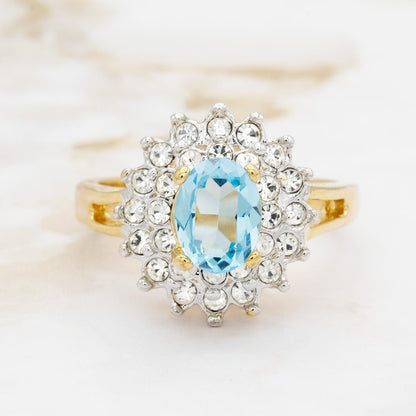 Vintage Aquamarine and Clear Austrian Crystal Halo Ring in 18kt Yellow Gold Electroplate jewelry image 1