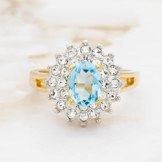 Vintage Aquamarine and Clear Austrian Crystal Halo Ring in 18kt Yellow Gold Electroplate jewelry image 1