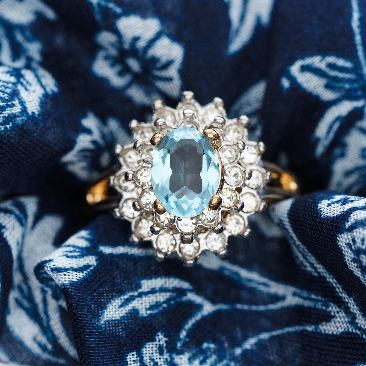 Vintage Aquamarine and Clear Austrian Crystal Halo Ring in 18kt Yellow Gold Electroplate jewelry image 1