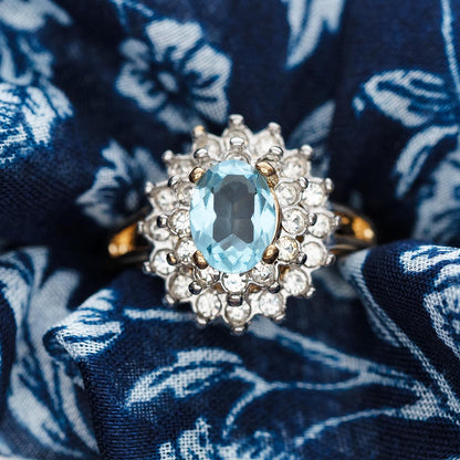 Vintage Aquamarine and Clear Austrian Crystal Halo Ring in 18kt Yellow Gold Electroplate jewelry image 1