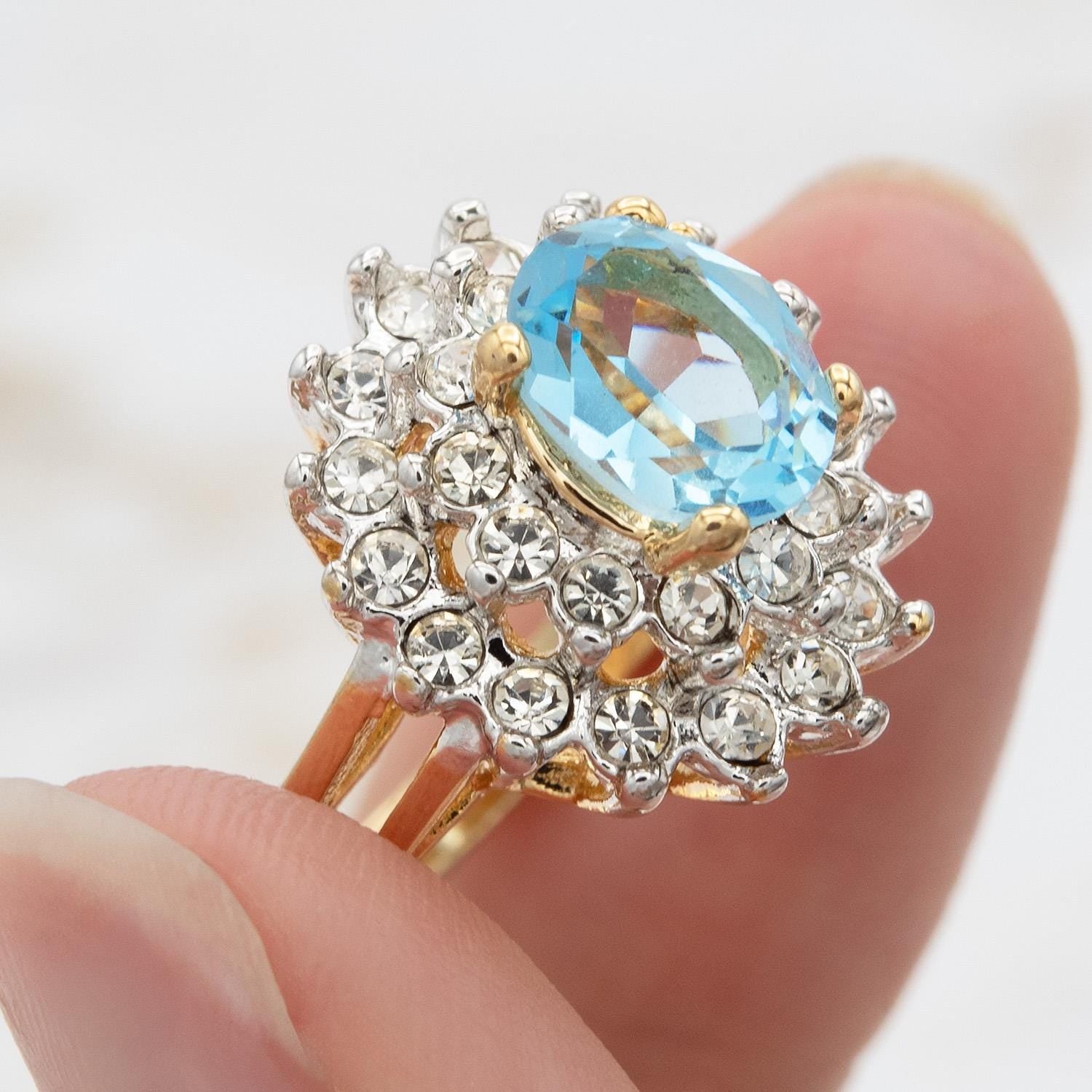 Vintage Aquamarine and Clear Austrian Crystal Halo Ring in 18kt Yellow Gold Electroplate jewelry image 1