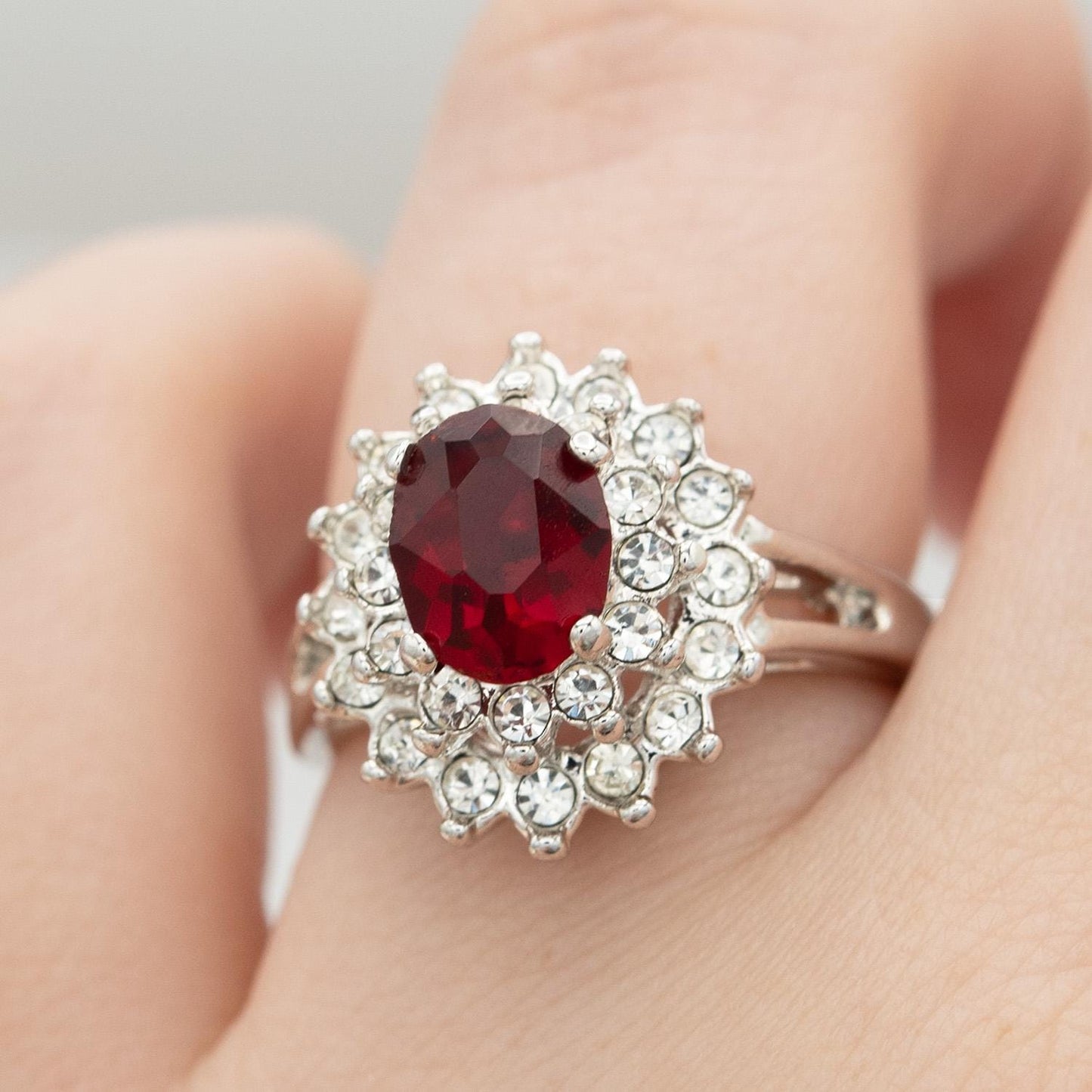 Vintage Ruby and Clear Austrian Crystal Cocktail Ring - 18kt White Gold Electroplated jewelry image 1