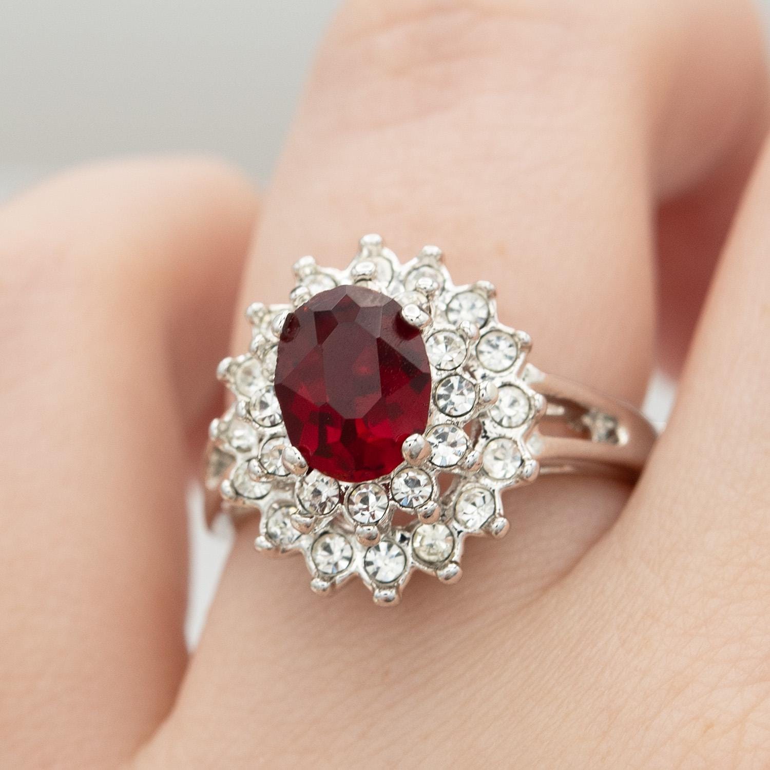 Vintage Ruby and Clear Austrian Crystal Cocktail Ring - 18kt White Gold Electroplated jewelry image 1