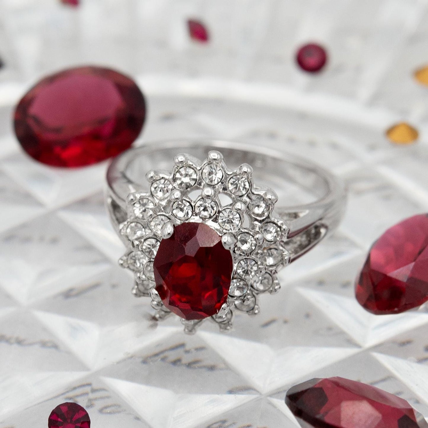 Vintage Ruby and Clear Austrian Crystal Cocktail Ring - 18kt White Gold Electroplated jewelry image 1