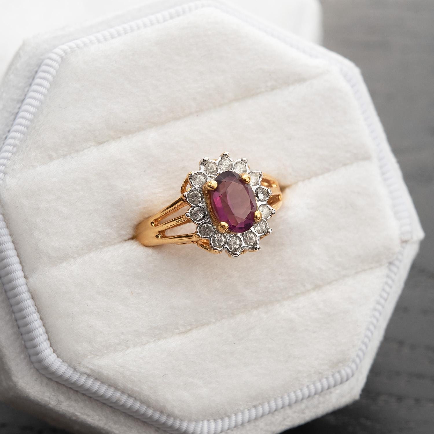 Vintage Amethyst and Clear Austrian Crystal Birthstone Ring - 18kt HGE Gold Electroplated, Made in USA jewelry image 1