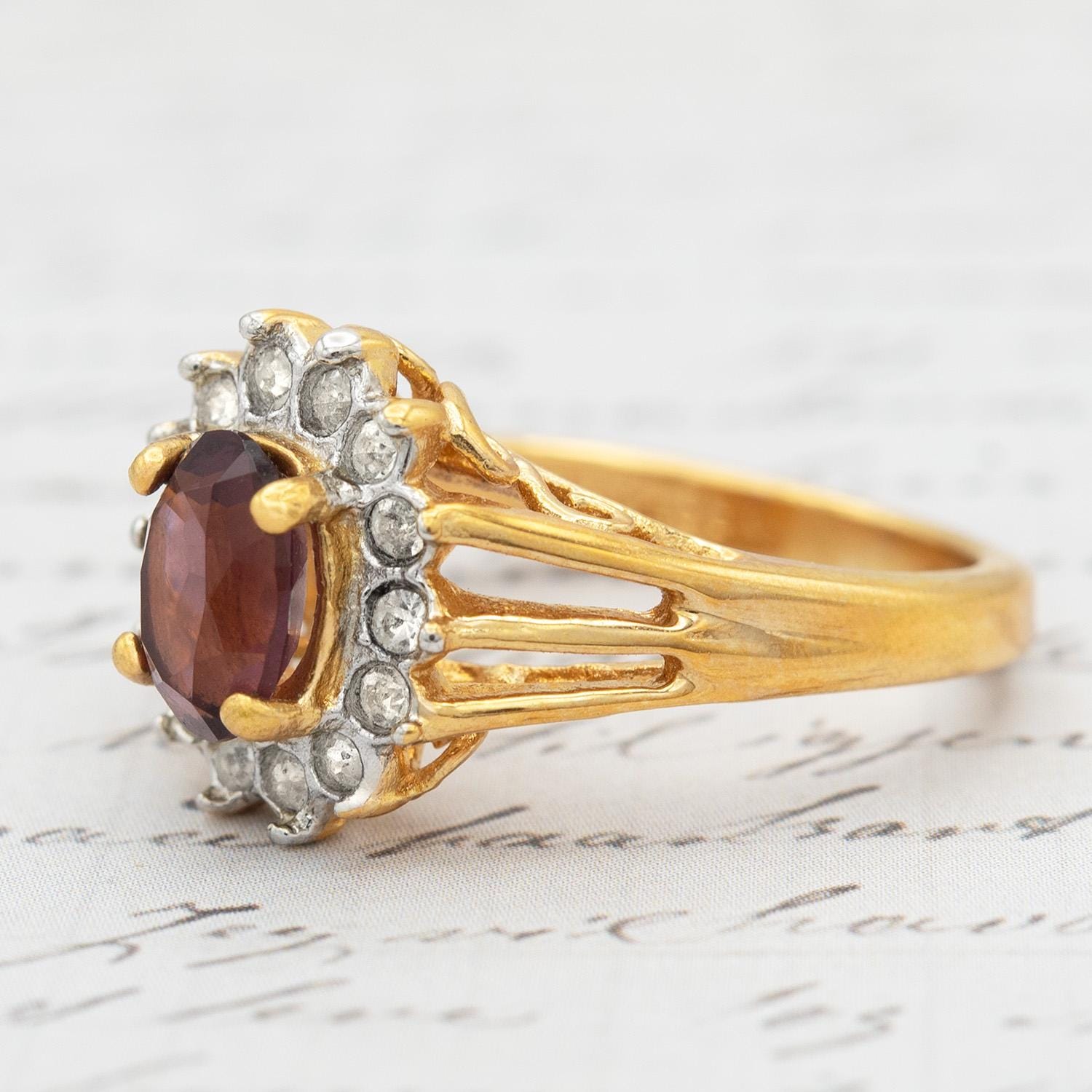 Vintage Amethyst and Clear Austrian Crystal Birthstone Ring - 18kt HGE Gold Electroplated, Made in USA jewelry image 1