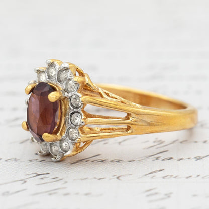 Vintage Amethyst and Clear Austrian Crystal Birthstone Ring - 18kt HGE Gold Electroplated, Made in USA jewelry image 1