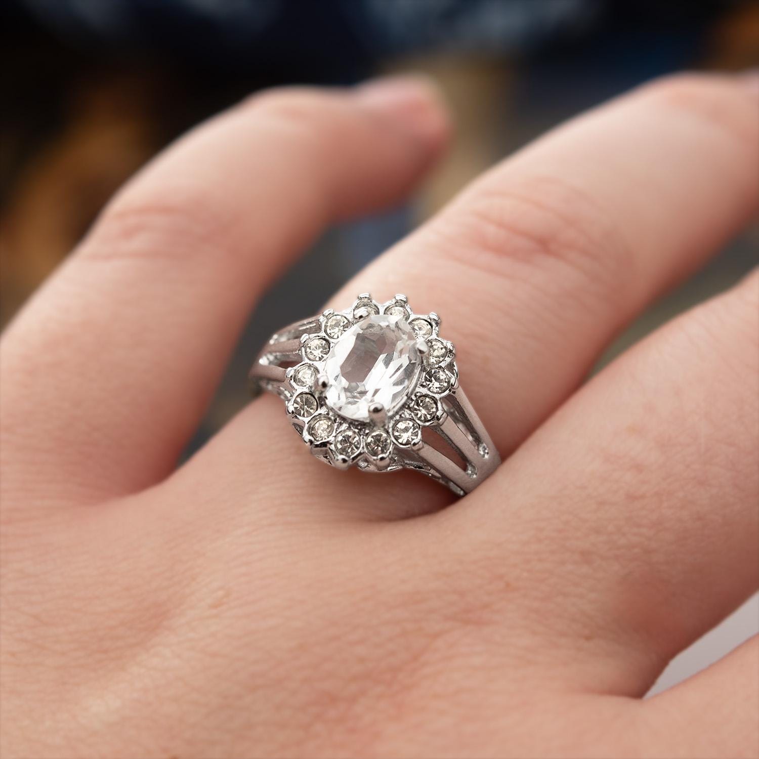 Vintage Clear Austrian Crystal Halo Ring - 18kt White Gold Electroplated, Made in USA jewelry image 1