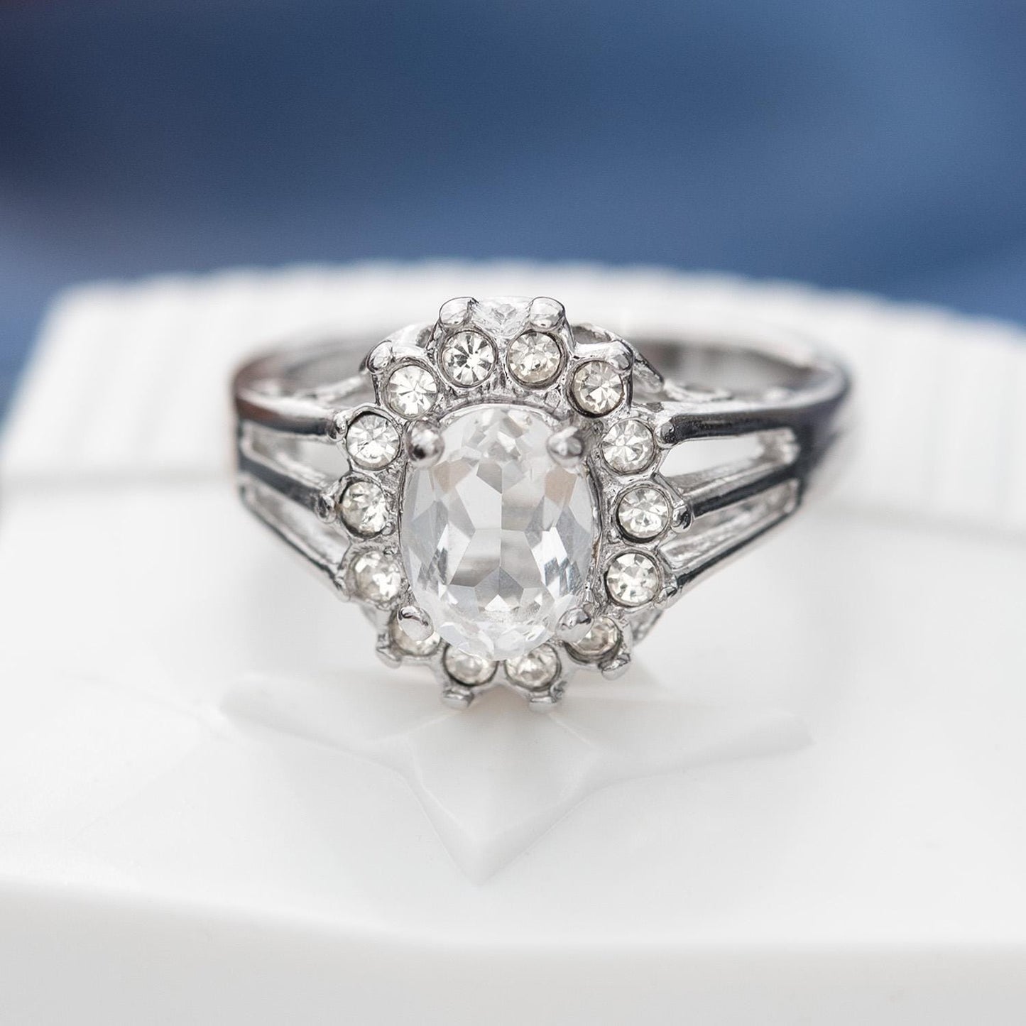 Vintage Clear Austrian Crystal Halo Ring - 18kt White Gold Electroplated, Made in USA jewelry image 1