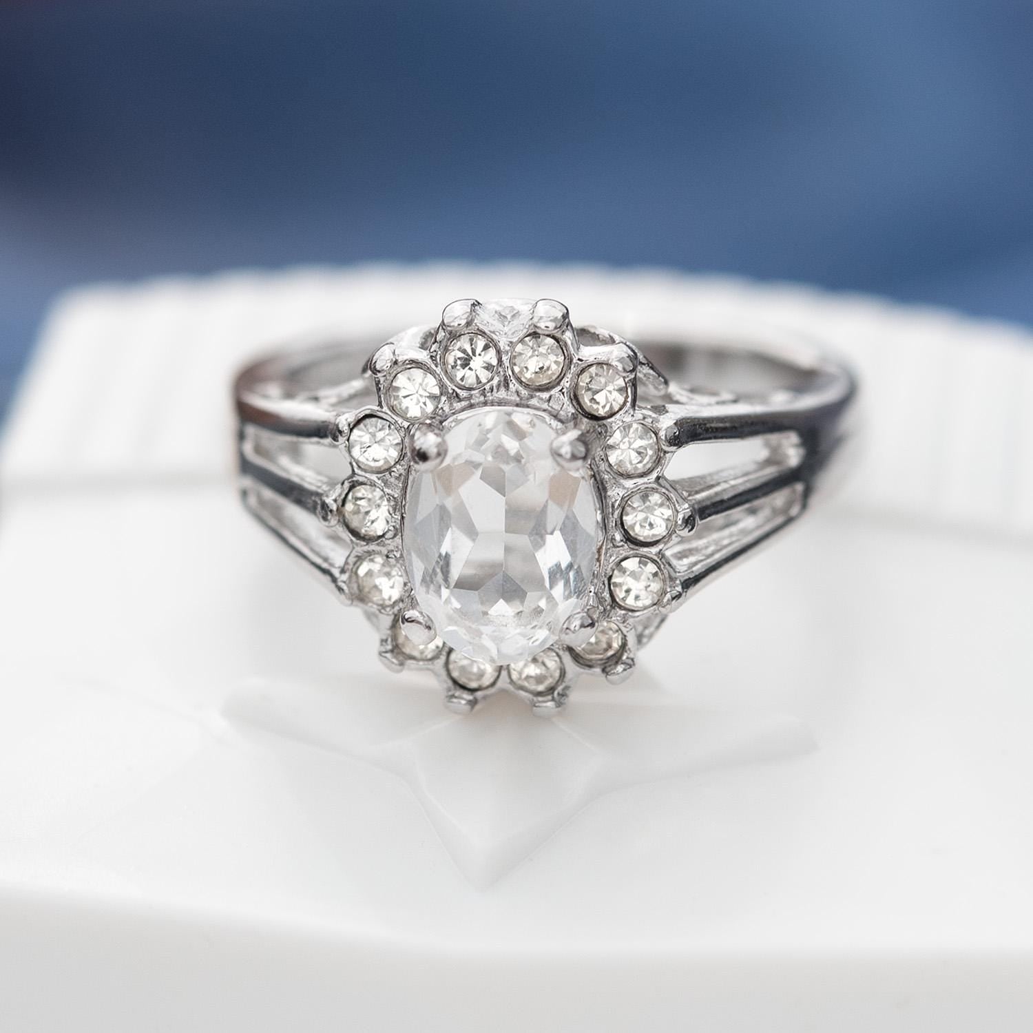Vintage Clear Austrian Crystal Halo Ring - 18kt White Gold Electroplated, Made in USA jewelry image 1