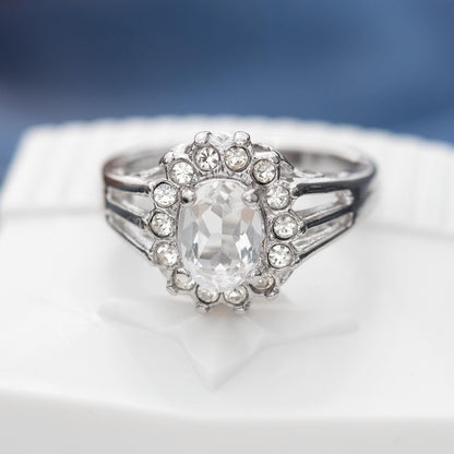 Vintage Clear Austrian Crystal Halo Ring - 18kt White Gold Electroplated, Made in USA jewelry image 1