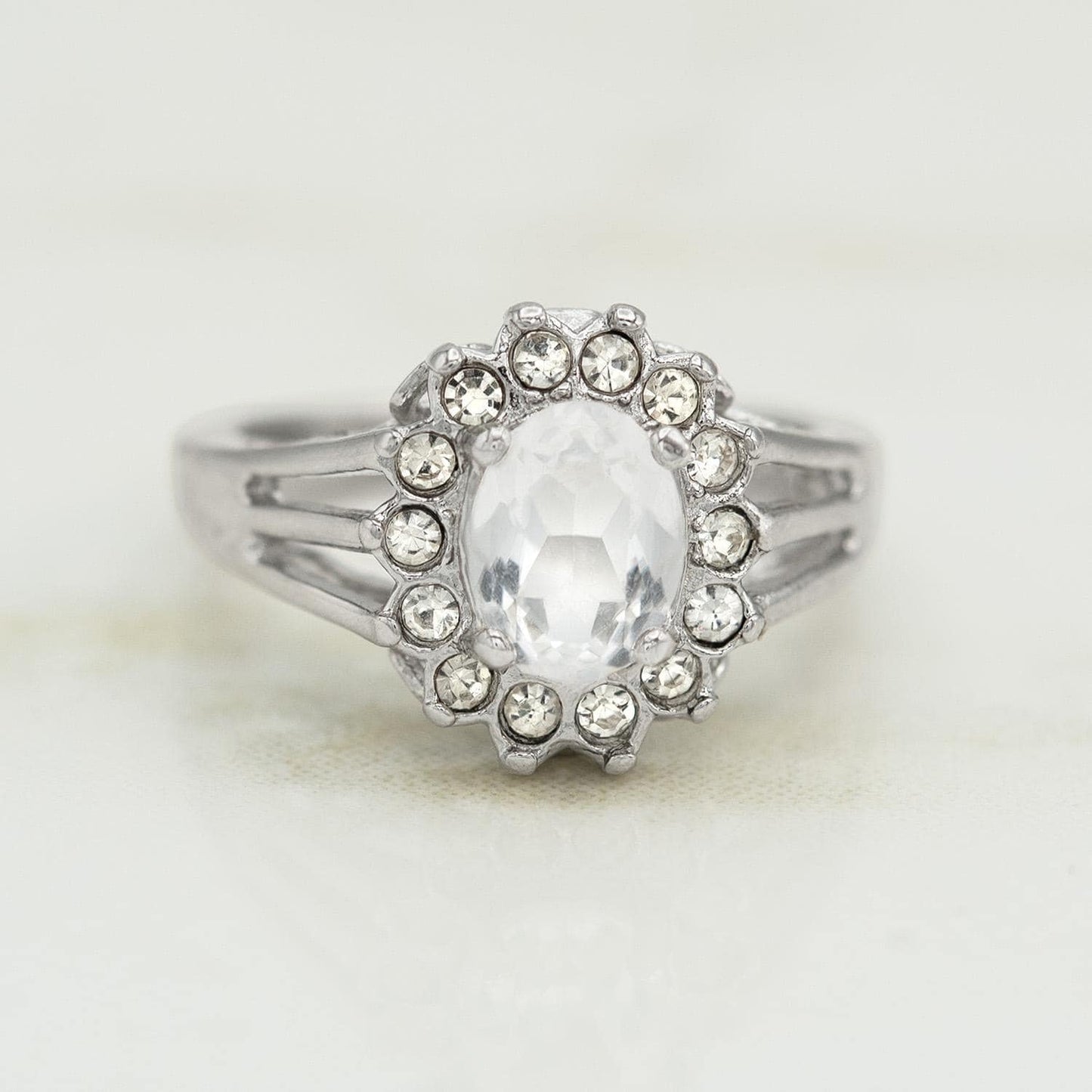 Vintage Clear Austrian Crystal Halo Ring - 18kt White Gold Electroplated, Made in USA jewelry image 1