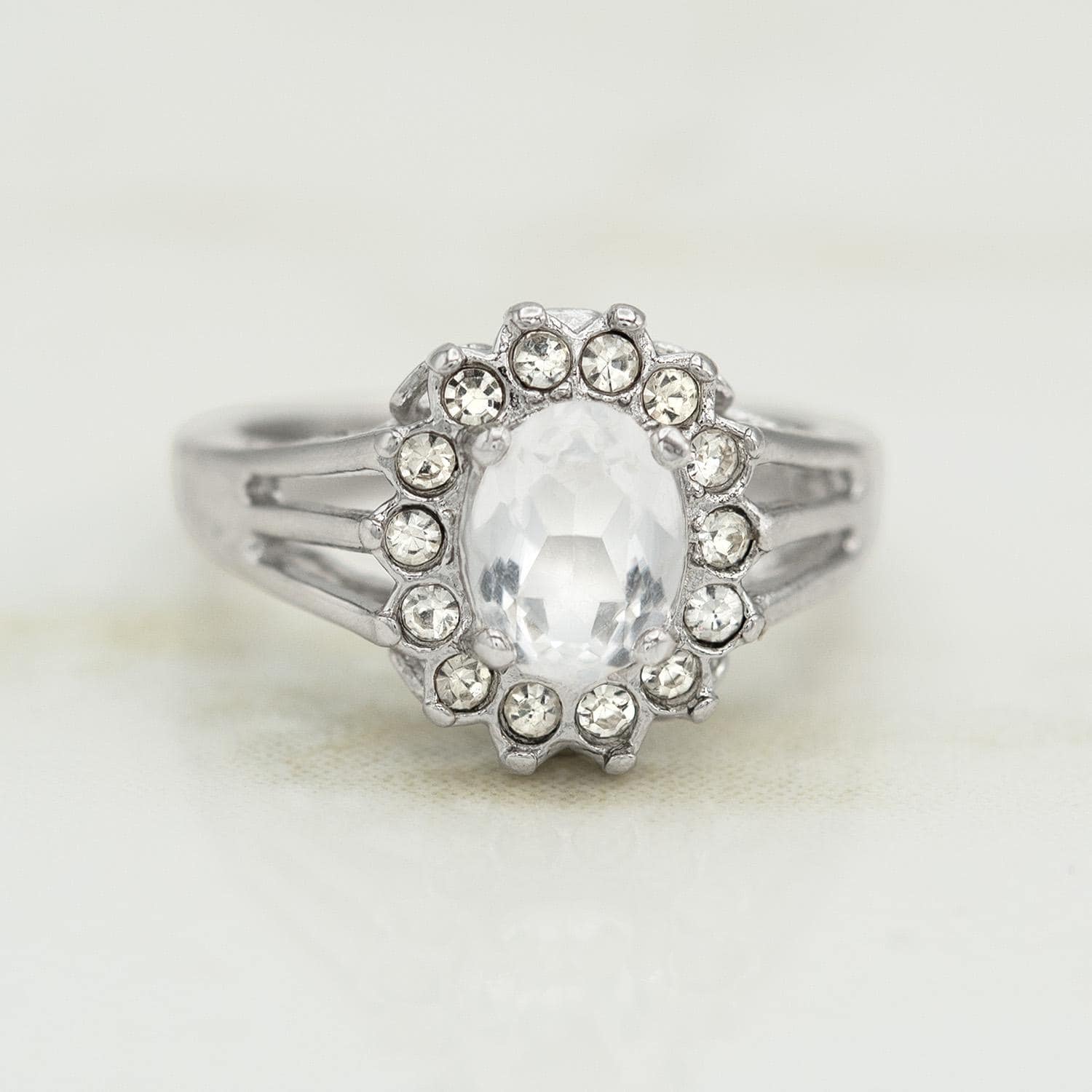 Vintage Clear Austrian Crystal Halo Ring - 18kt White Gold Electroplated, Made in USA jewelry image 1