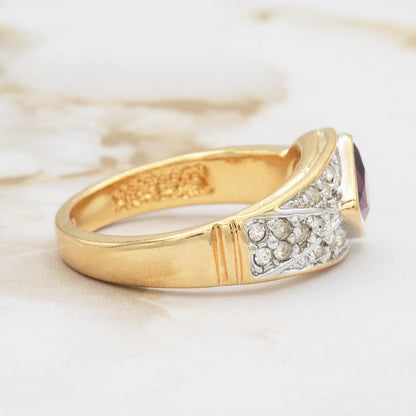 Vintage Amethyst and Clear Crystal Pavé Ring - 18kt HGE Gold Electroplated - Made in USA jewelry image 1
