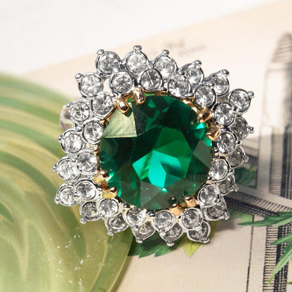 Vintage Emerald and Clear Austrian Crystal Cocktail Ring – 18k Yellow Gold Electroplated jewelry image 1