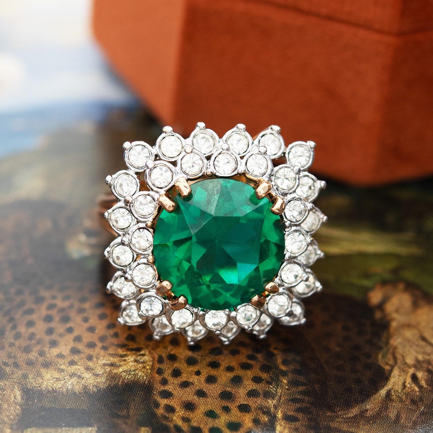 Vintage Emerald and Clear Austrian Crystal Cocktail Ring – 18k Yellow Gold Electroplated jewelry image 1