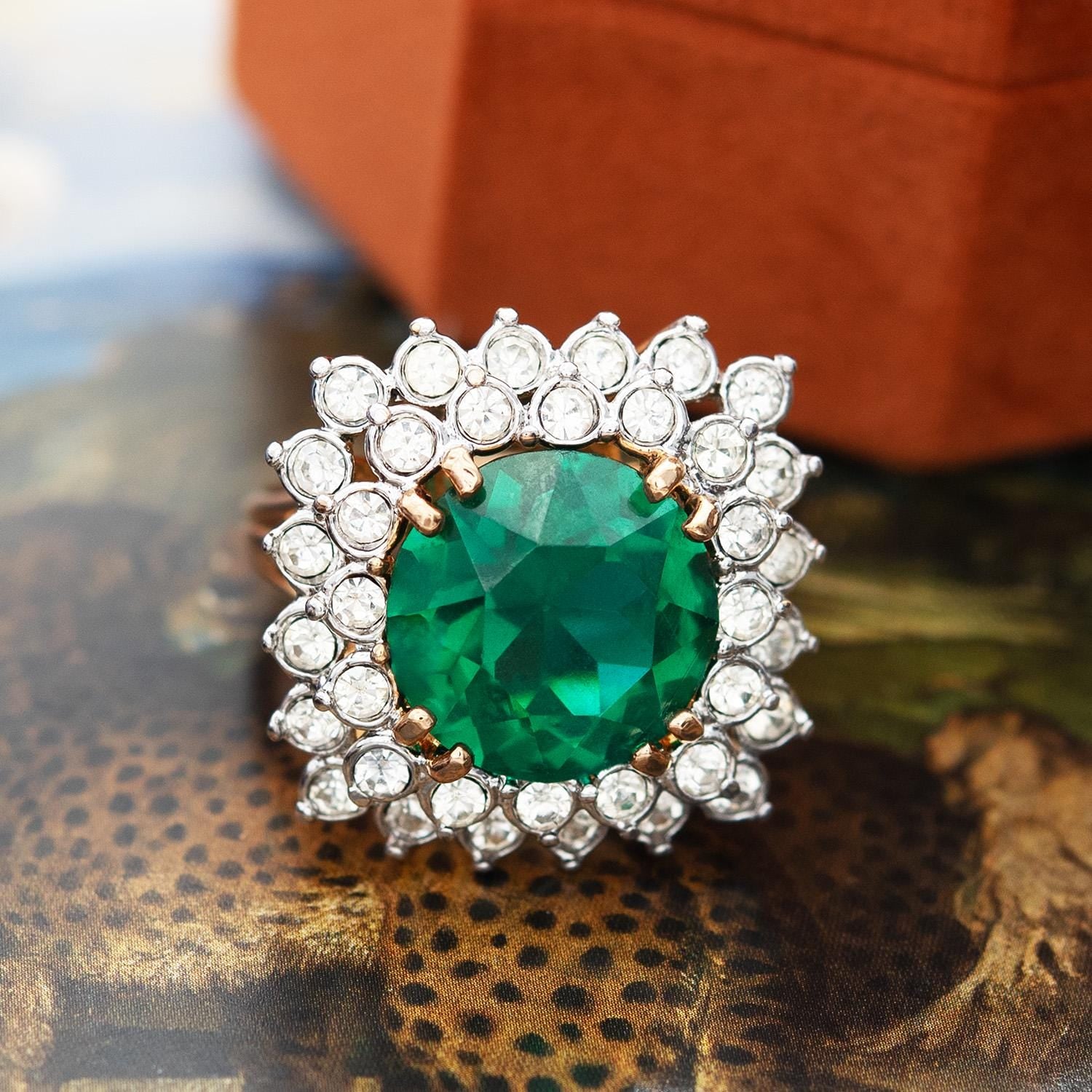 Vintage Emerald and Clear Austrian Crystal Cocktail Ring – 18k Yellow Gold Electroplated jewelry image 1