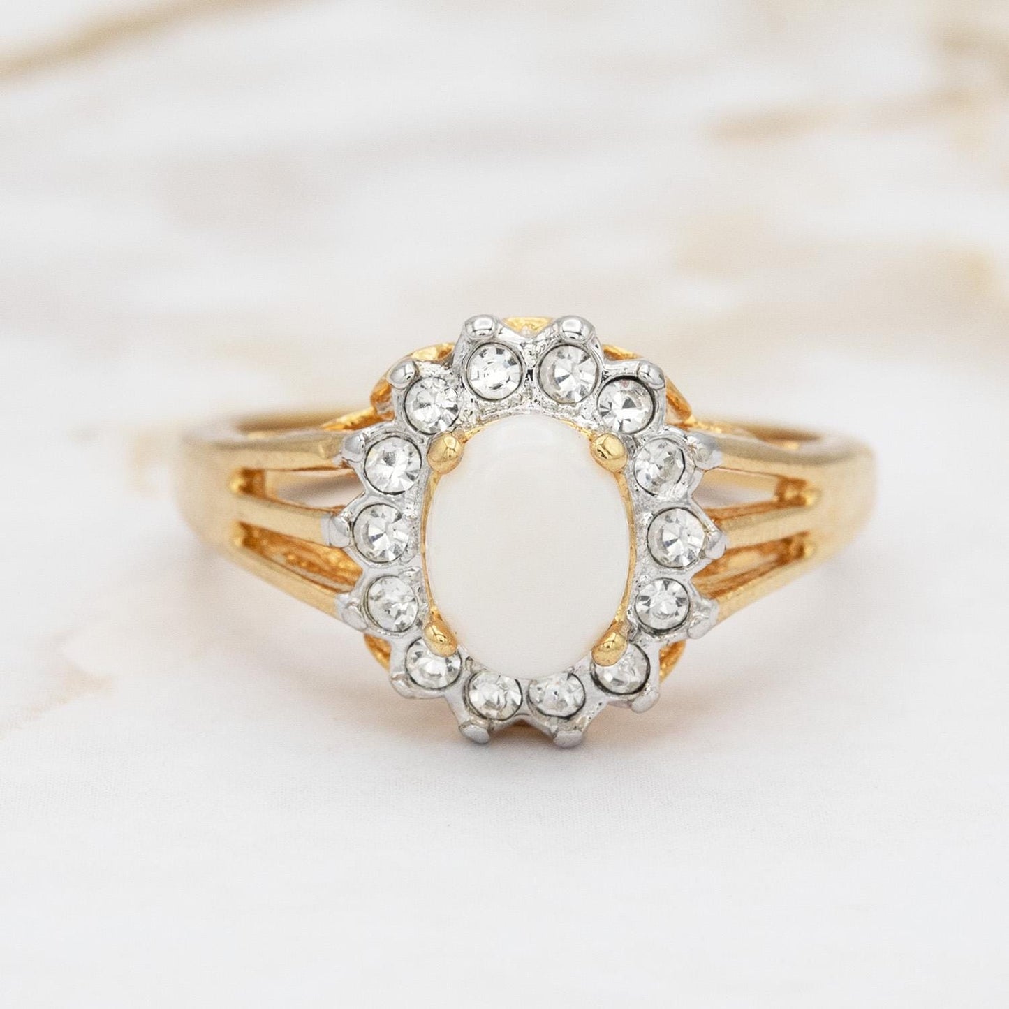 Vintage Pinfire Opal and Clear Austrian Crystal Halo Ring – 18kt HGE Gold Electroplated, Made in USA jewelry image 1