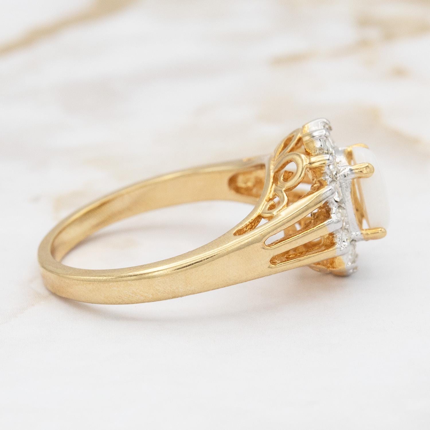 Vintage Pinfire Opal and Clear Austrian Crystal Halo Ring – 18kt HGE Gold Electroplated, Made in USA jewelry image 1