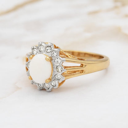 Vintage Pinfire Opal and Clear Austrian Crystal Halo Ring – 18kt HGE Gold Electroplated, Made in USA jewelry image 1