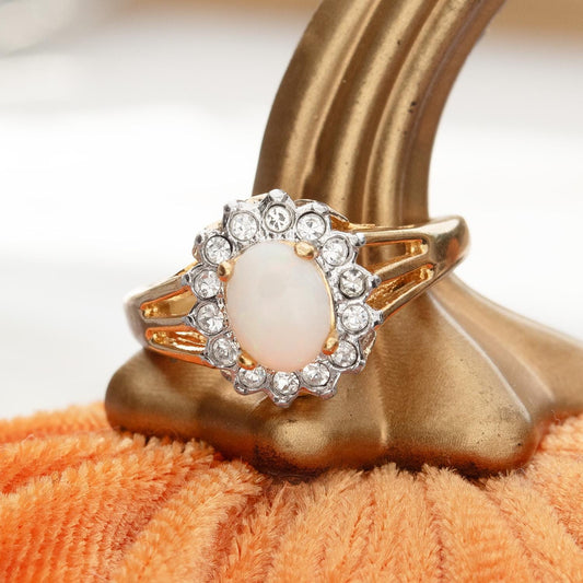 Vintage Pinfire Opal and Clear Austrian Crystal Halo Ring – 18kt HGE Gold Electroplated, Made in USA jewelry image 1