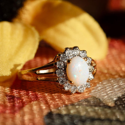 Vintage Pinfire Opal and Clear Austrian Crystal Halo Ring – 18kt HGE Gold Electroplated, Made in USA jewelry image 1