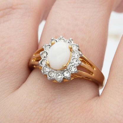 Vintage Pinfire Opal and Clear Austrian Crystal Halo Ring – 18kt HGE Gold Electroplated, Made in USA jewelry image 1