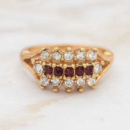 Vintage Austrian Crystal Cocktail Ring – Ruby Red & Clear Crystals – 18k Gold Electroplated jewelry image 1