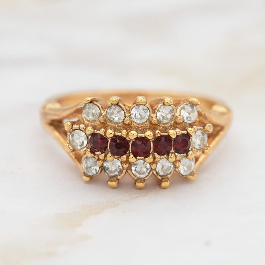 Vintage Austrian Crystal Cocktail Ring – Ruby Red & Clear Crystals – 18k Gold Electroplated jewelry image 1