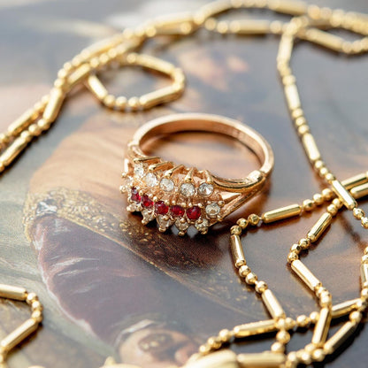 Vintage Austrian Crystal Cocktail Ring – Ruby Red & Clear Crystals – 18k Gold Electroplated jewelry image 1