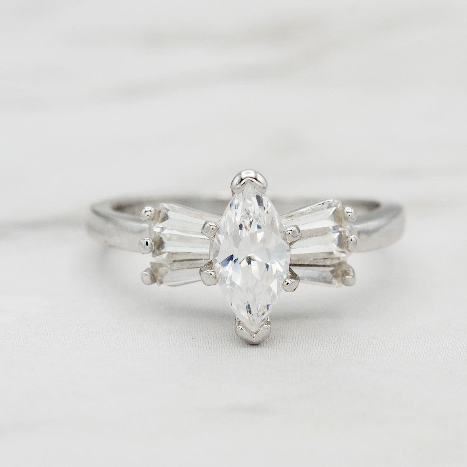 Vintage 1980s 18k White Gold Plated Marquise Cubic Zirconia Engagement Style Ring – Made in USA jewelry image 1
