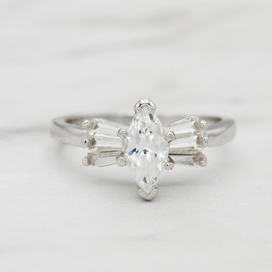 Vintage 1980s 18k White Gold Plated Marquise Cubic Zirconia Engagement Style Ring – Made in USA jewelry image 1