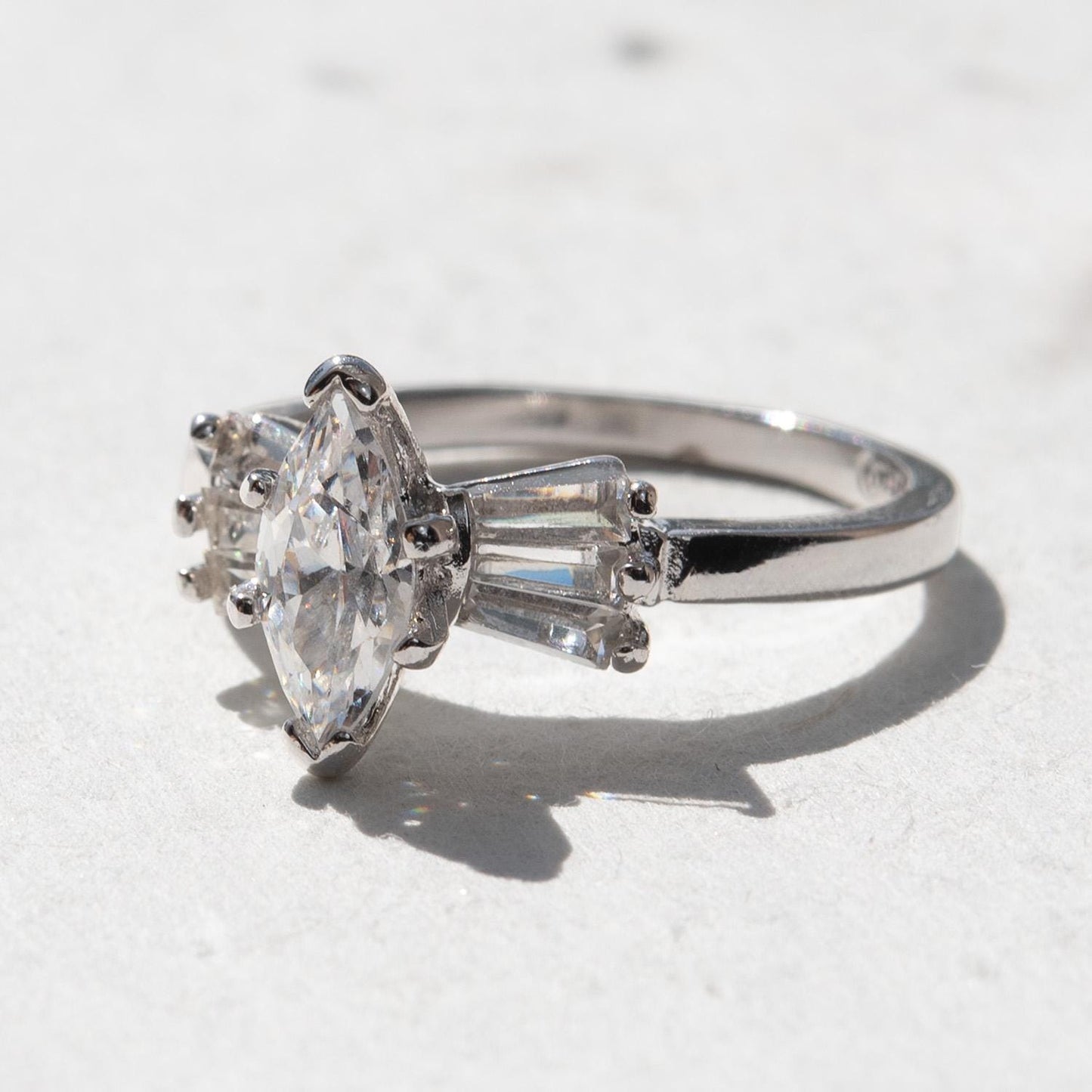 Vintage 1980s 18k White Gold Plated Marquise Cubic Zirconia Engagement Style Ring – Made in USA jewelry image 1