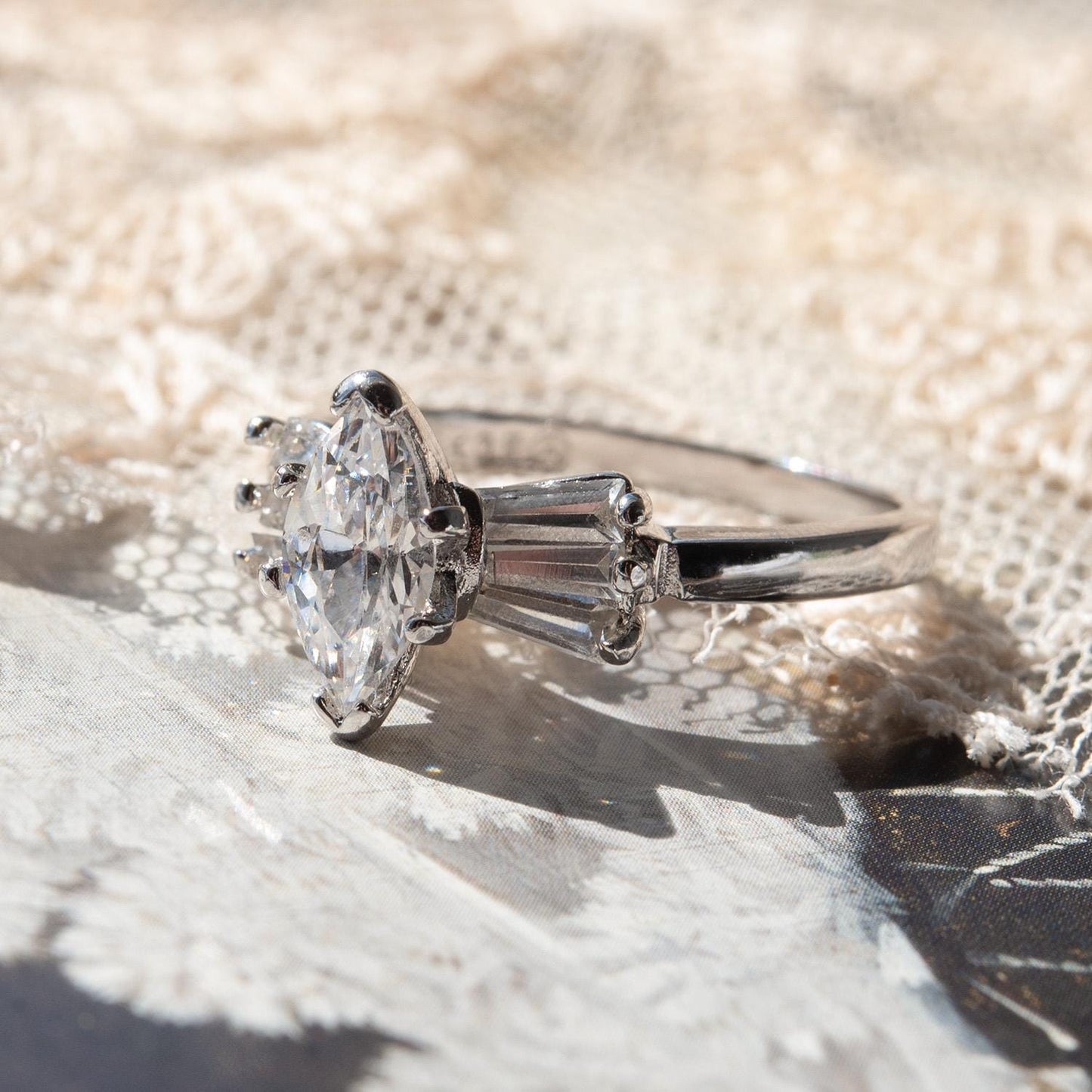 Vintage 1980s 18k White Gold Plated Marquise Cubic Zirconia Engagement Style Ring – Made in USA jewelry image 1